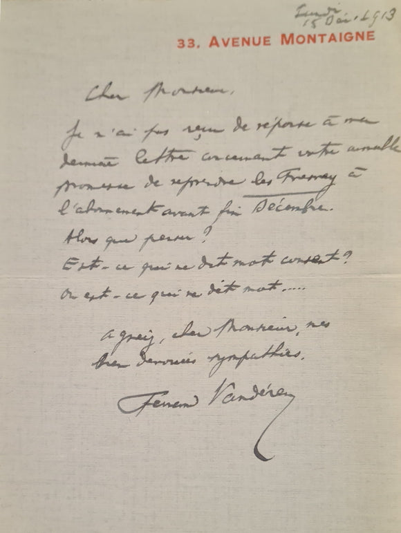 VANDEREM (Fernand). | Une lettre et une carte-lettre autographes signées adressées à Jules Claretie.