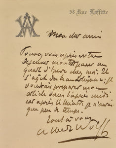 WOLFF (Albert). | Lettre autographe signée adressée à Jules Claretie.