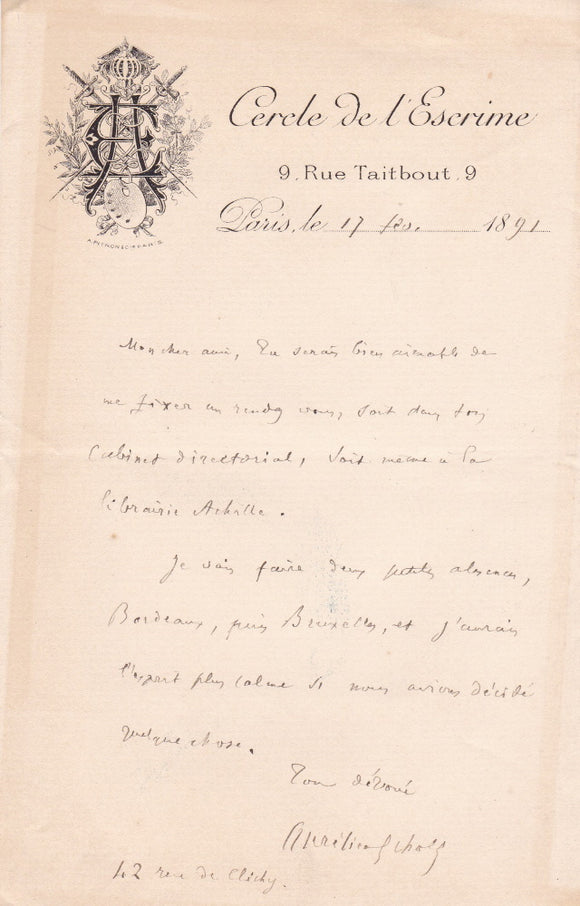 SCHOLL (Aurélien). | Lettre autographe signée adressée à Jules Claretie.