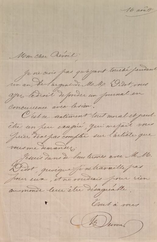 DUMAS père (Alexandre). | Lettre autographe signée adressée à Bénédict-Henry Révoil.