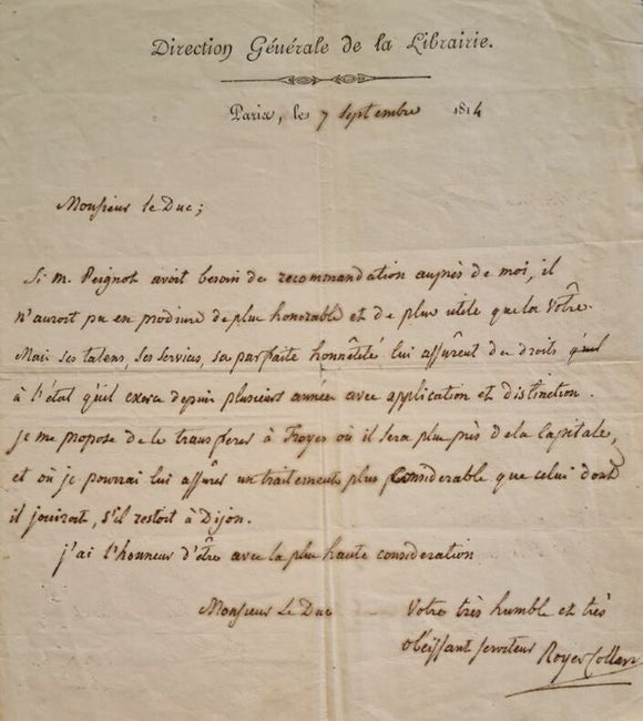 PEIGNOT (Gabriel) ROYER-COLLARD (Pierre-Paul) | Lettre autographe signée adressée au Duc de Brissac.